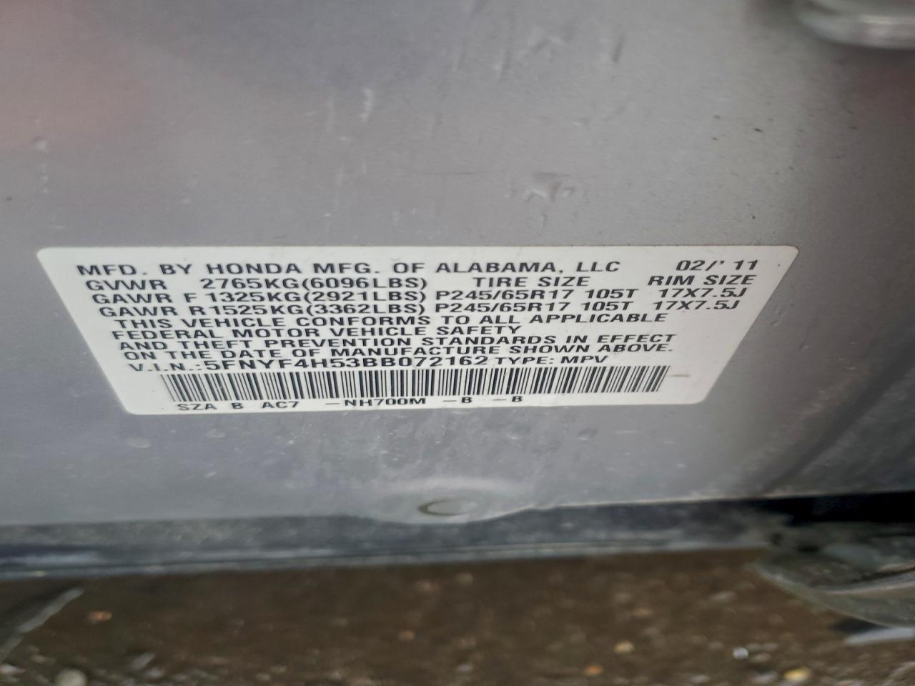 2011 Honda Pilot Exl VIN: 5FNYF4H53BB072162 Lot: 93944295