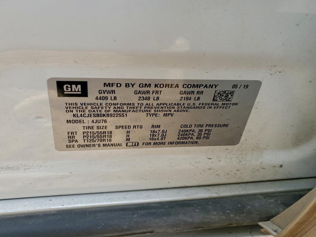 2019 Buick Encore Preferred VIN: KL4CJESB0KB922551 Lot: 93931875