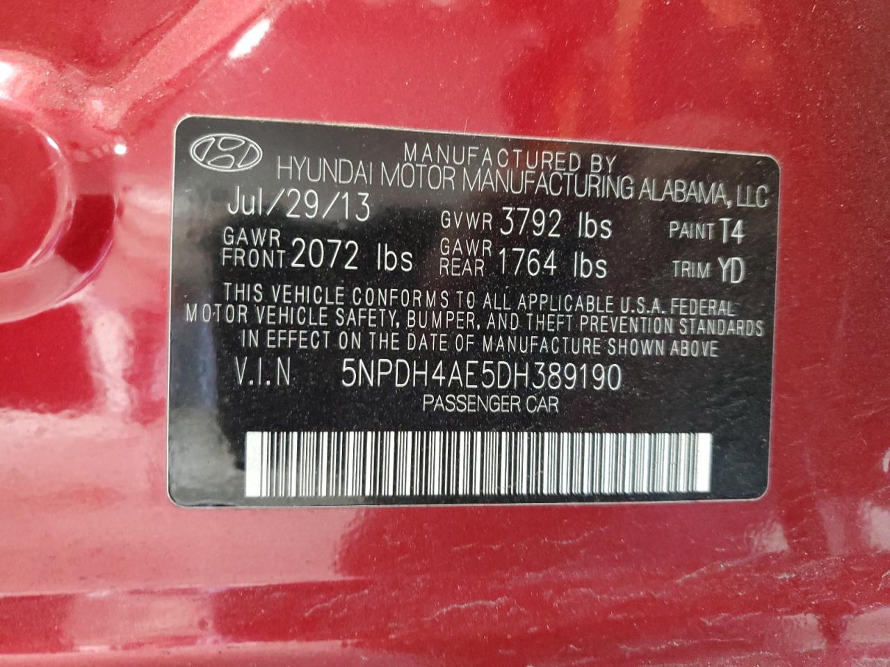 2013 Hyundai Elantra Gls VIN: 5NPDH4AE5DH389190 Lot: 93720635