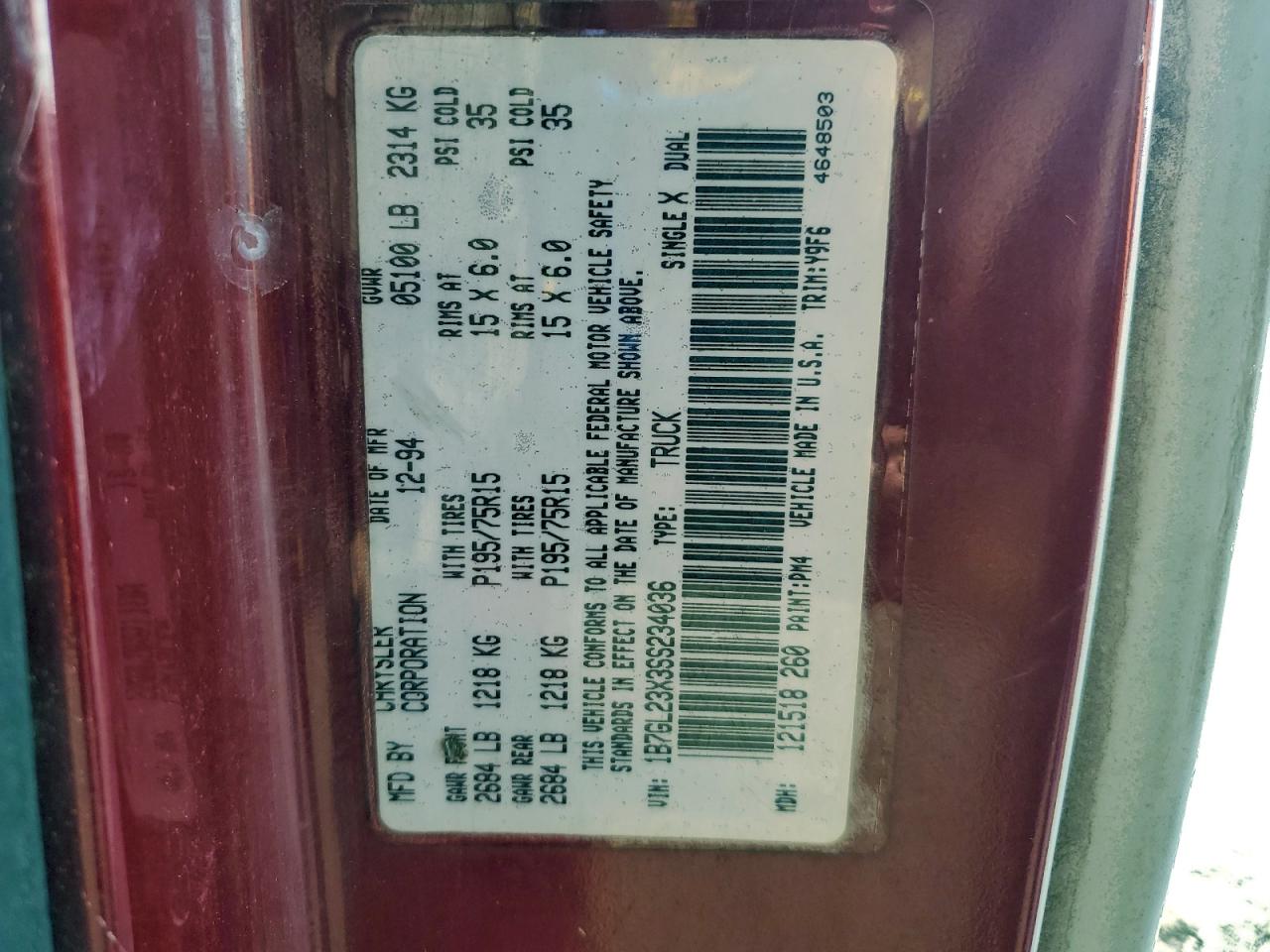 1995 Dodge Dakota VIN: 1B7GL23X3SS234036 Lot: 93949485