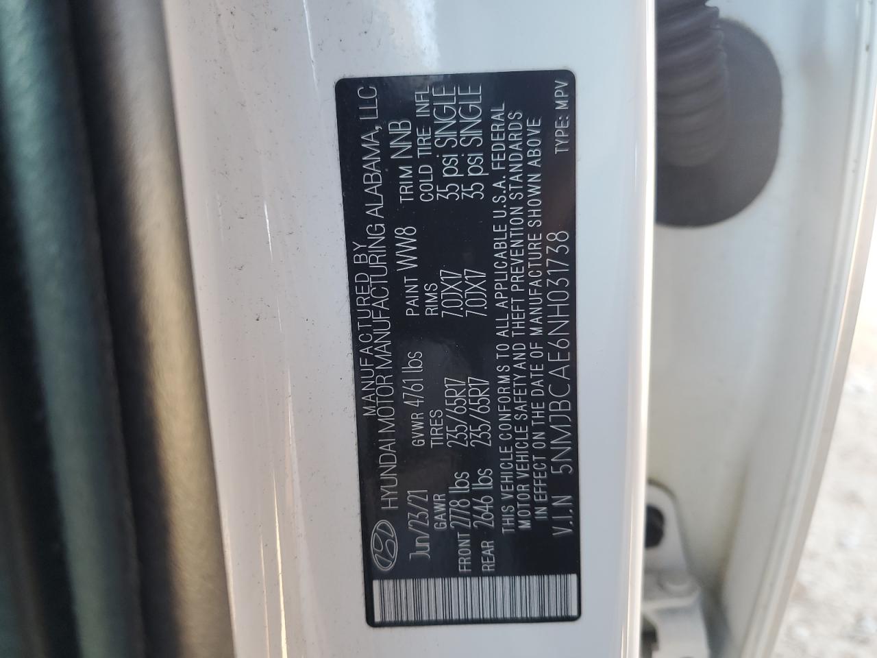 2022 Hyundai Tucson Sel VIN: 5NMJBCAE6NH031738 Lot: 92058965