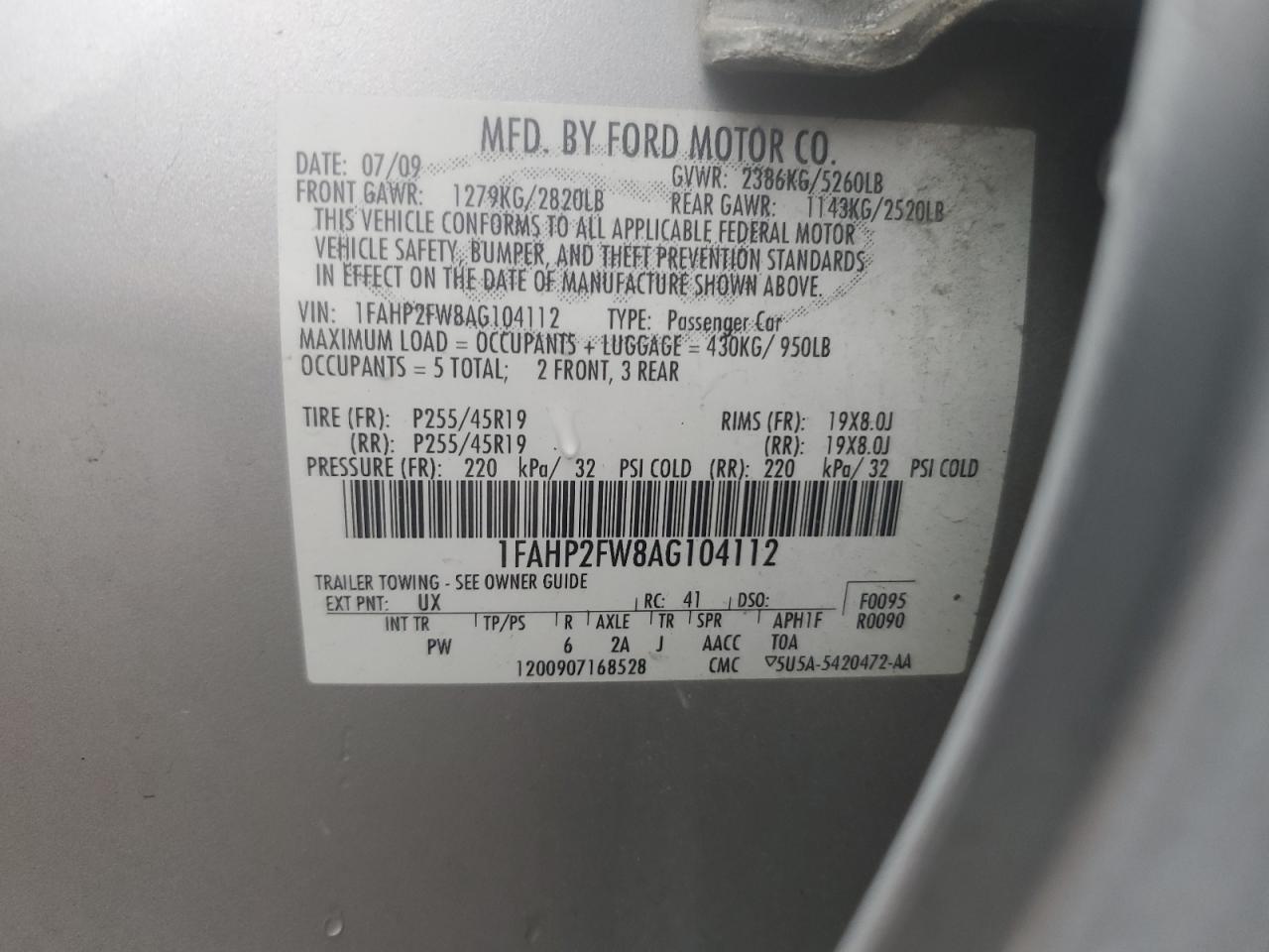 2010 Ford Taurus Limited VIN: 1FAHP2FW8AG104112 Lot: 93170525