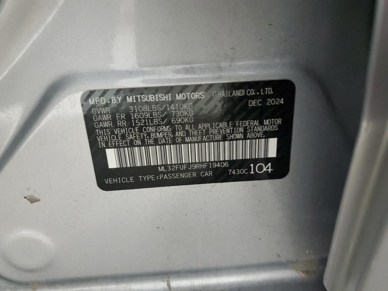 2024 Mitsubishi Mirage G4 Es VIN: ML32FUFJ9RHF19406 Lot: 93402175