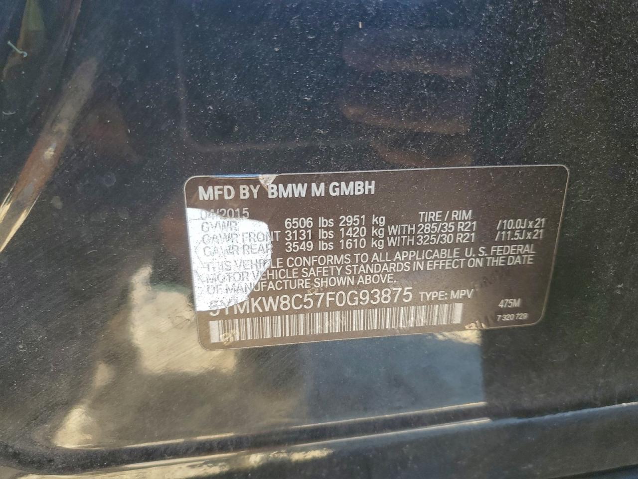2015 BMW X6 M VIN: 5YMKW8C57F0G93875 Lot: 93639785