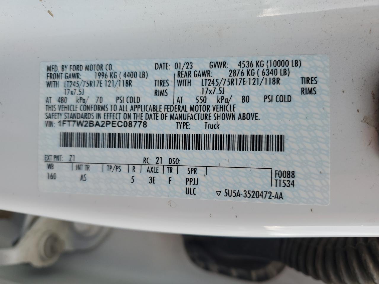 2023 Ford F250 Super Duty VIN: 1FT7W2BA2PEC08778 Lot: 92010075