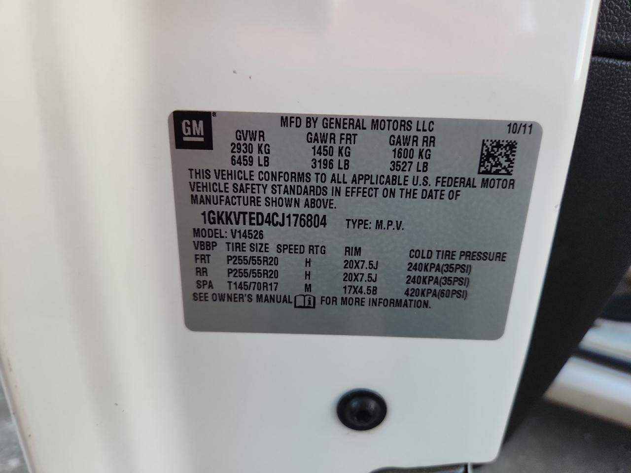 2012 GMC Acadia Denali VIN: 1GKKVTED4CJ176804 Lot: 91837845