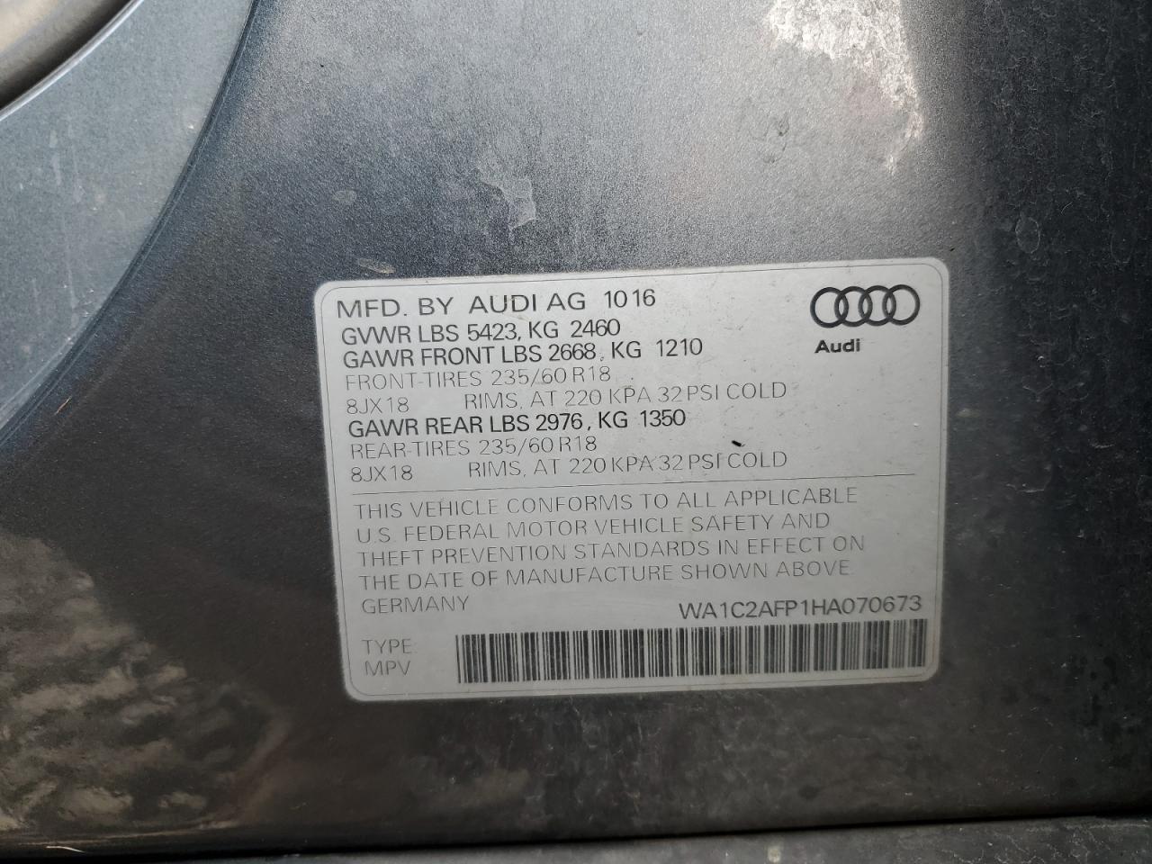 2017 Audi Q5 Premium VIN: WA1C2AFP1HA070673 Lot: 92834105