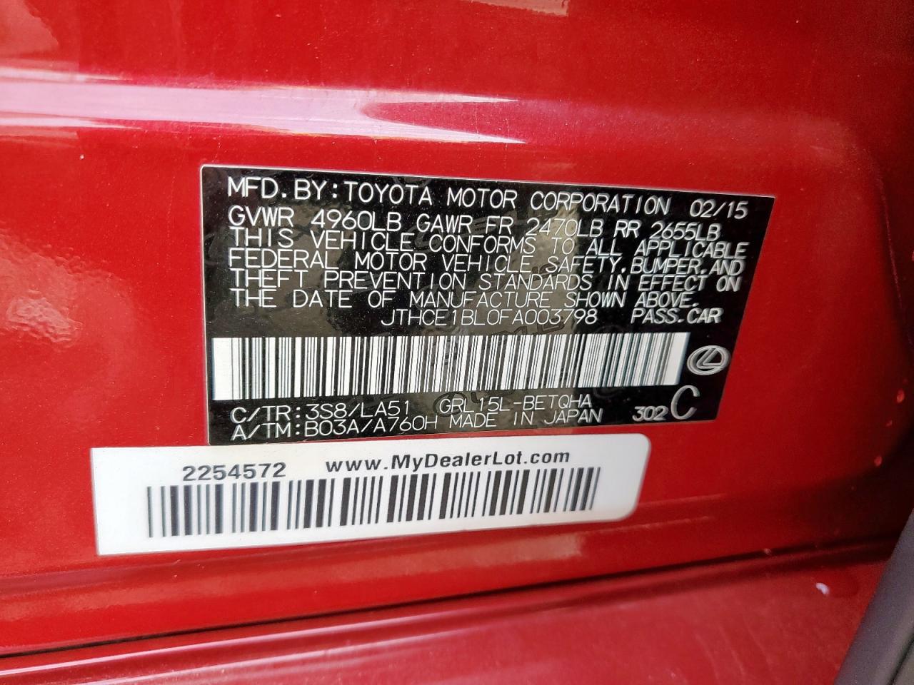 2015 Lexus Gs 350 VIN: JTHCE1BL0FA003798 Lot: 91110735