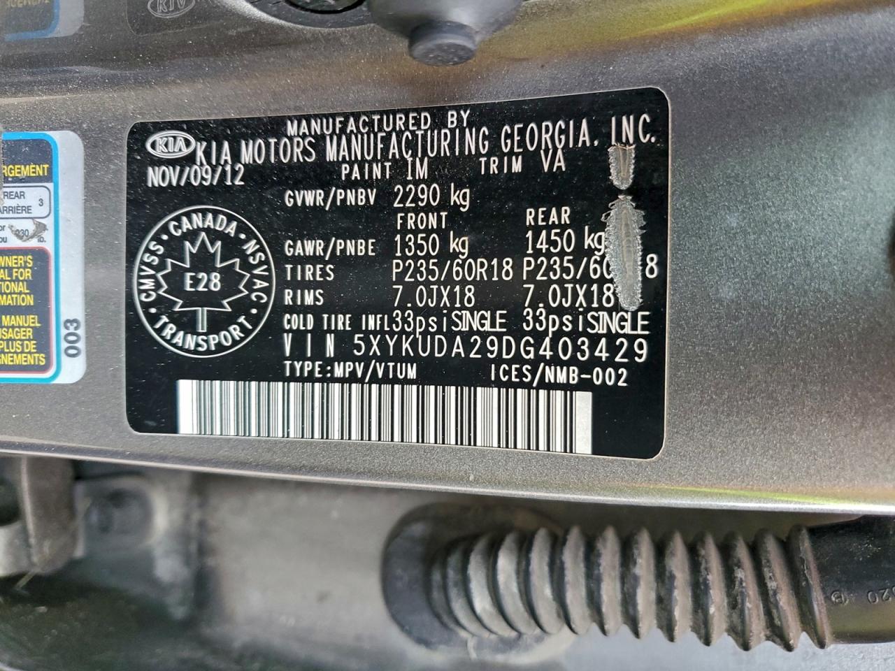 2013 Kia Sorento Ex VIN: 5XYKUDA29DG403429 Lot: 94362605