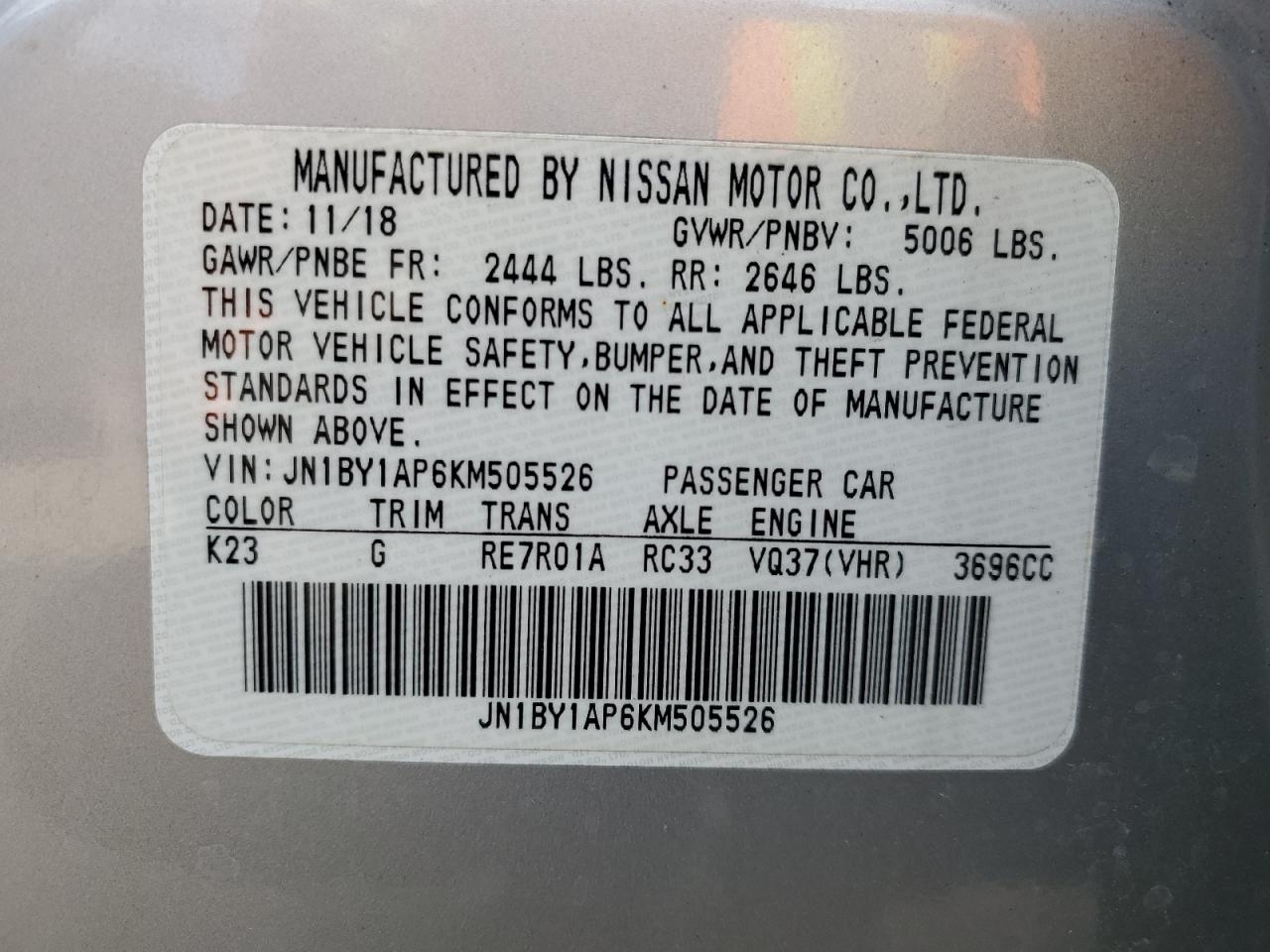 2019 Infiniti Q70 3.7 Luxe VIN: JN1BY1AP6KM505526 Lot: 91251105