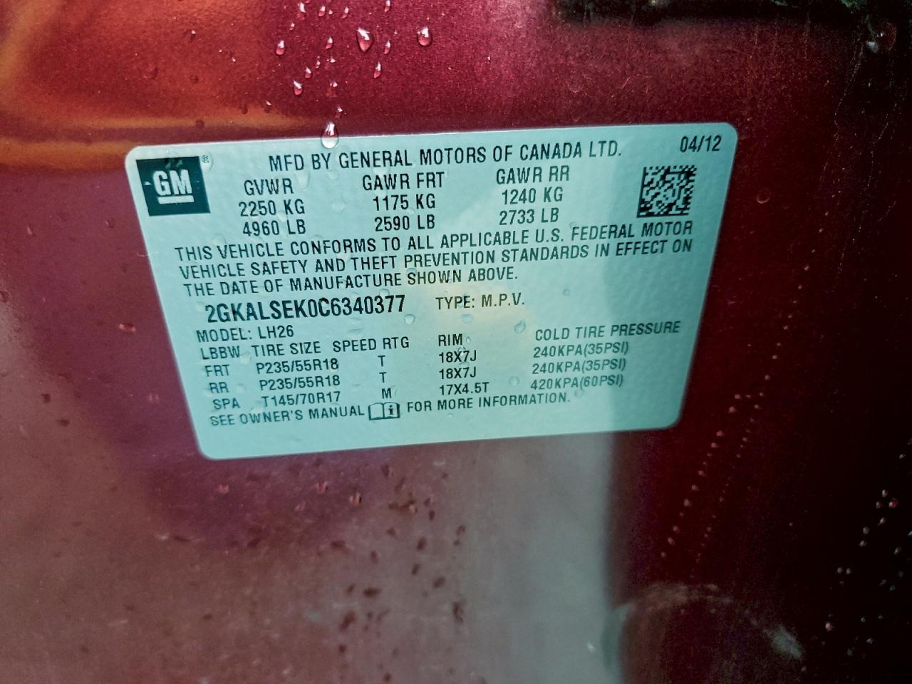 2012 GMC Terrain Sle VIN: 2GKALSEK0C6340377 Lot: 92751795