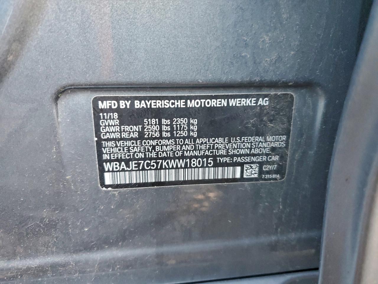 2019 BMW 540 Xi VIN: WBAJE7C57KWW18015 Lot: 94196435