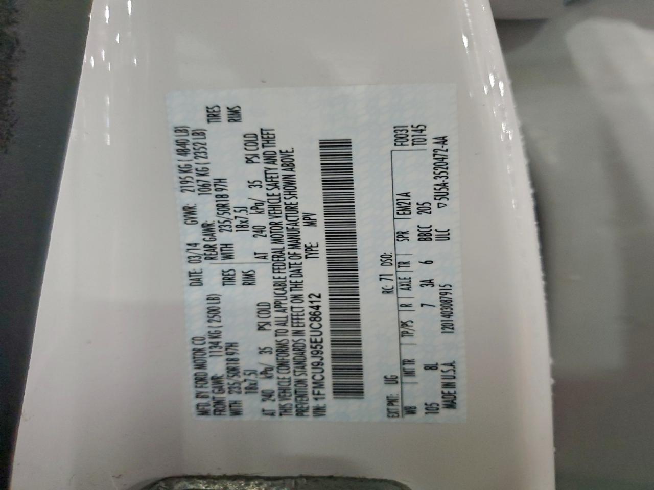 2014 Ford Escape Titanium VIN: 1FMCU9J95EUC86412 Lot: 93639085