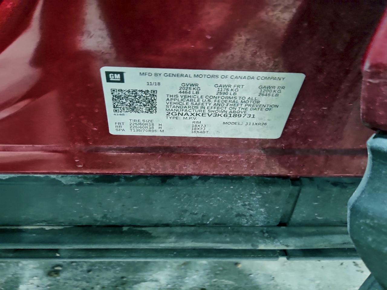 2019 Chevrolet Equinox Lt VIN: 2GNAXKEV3K6189731 Lot: 94352275