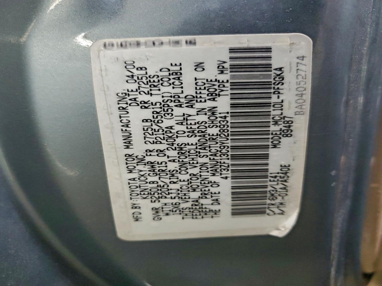 2000 Toyota Sienna Le VIN: 4T3ZF13C9YU289341 Lot: 94279555