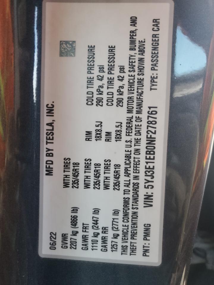 2022 Tesla Model 3 VIN: 5YJ3E1EB0NF278761 Lot: 92895485
