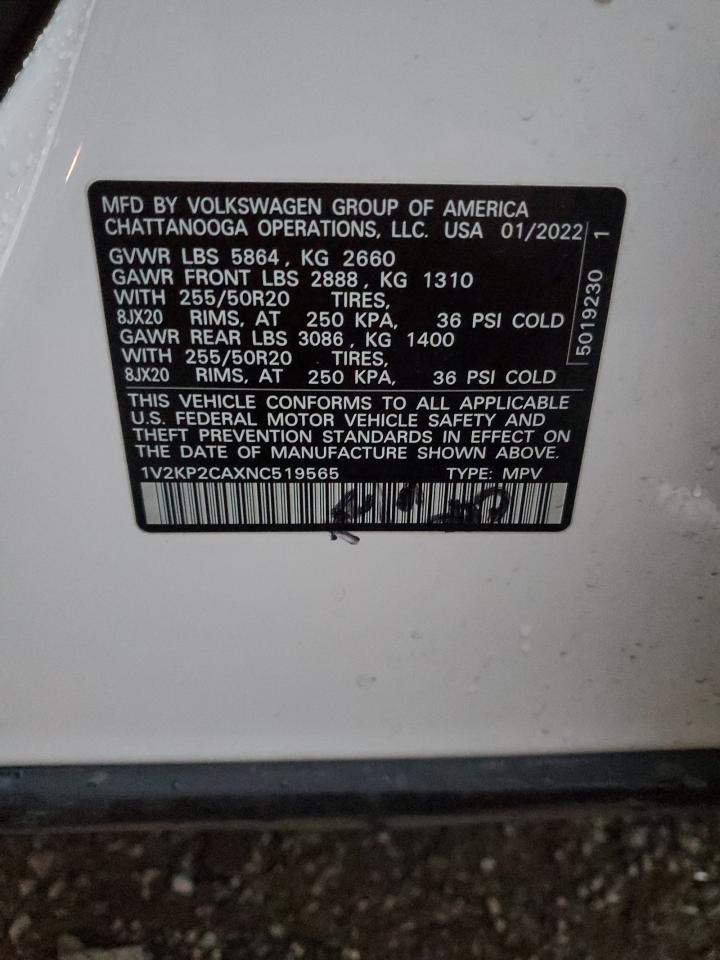 2022 Volkswagen Atlas Se VIN: 1V2KP2CAXNC519565 Lot: 92757415