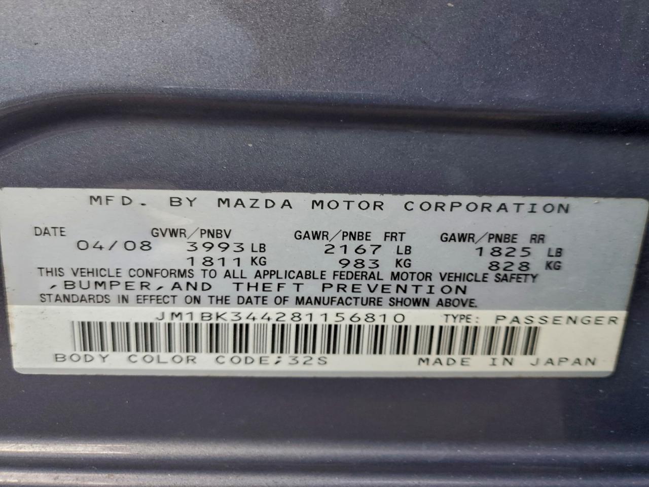 2008 Mazda 3 Hatchback VIN: JM1BK344281156810 Lot: 94215255