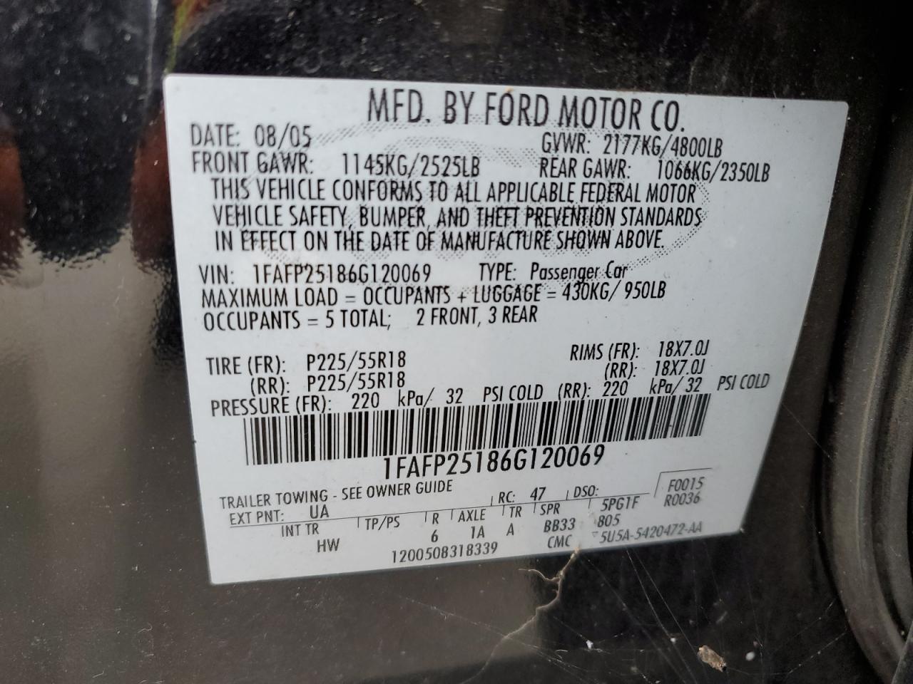 2006 Ford Five Hundred Limited VIN: 1FAFP25186G120069 Lot: 91525105