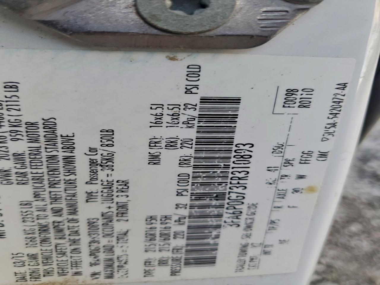 2015 Ford Fusion S VIN: 3FA6P0G73FR310893 Lot: 93156205