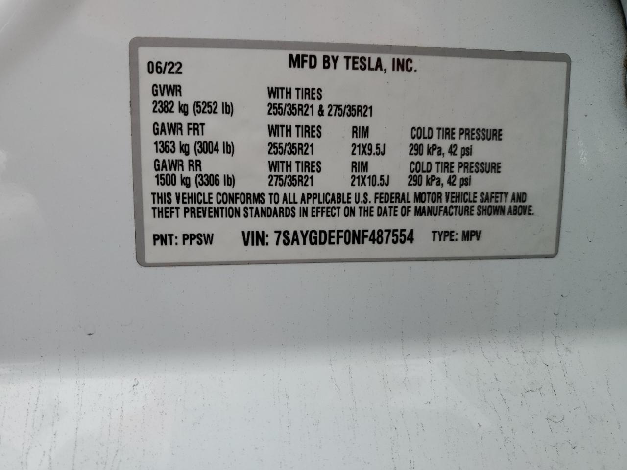 2022 Tesla Model Y VIN: 7SAYGDEF0NF487554 Lot: 93556965