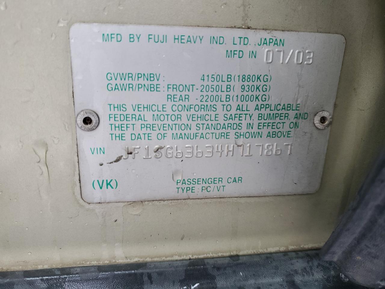 2004 Subaru Forester 2.5X VIN: JF1SG63634H717867 Lot: 93818665