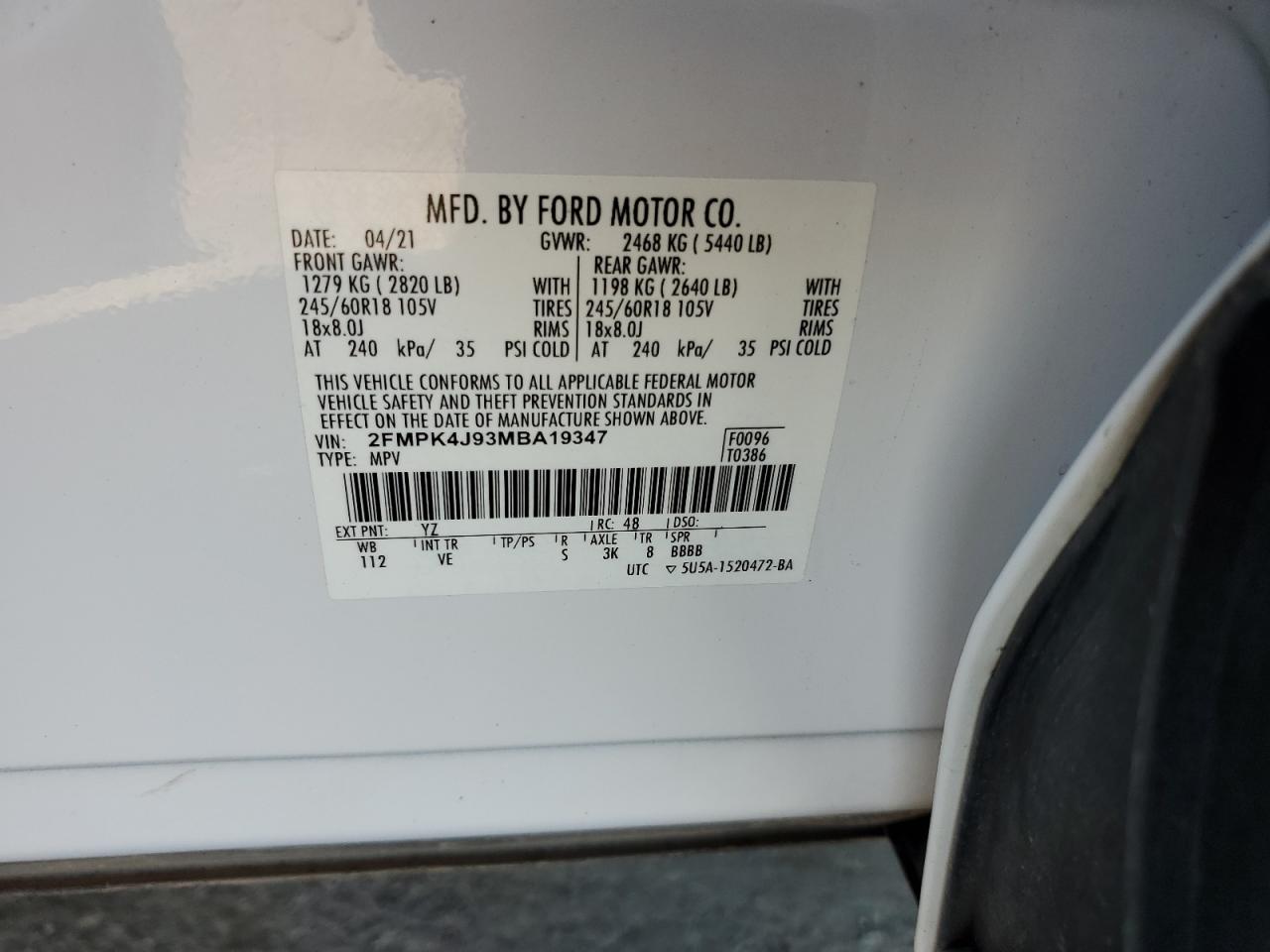 2021 Ford Edge Sel VIN: 2FMPK4J93MBA19347 Lot: 91862465