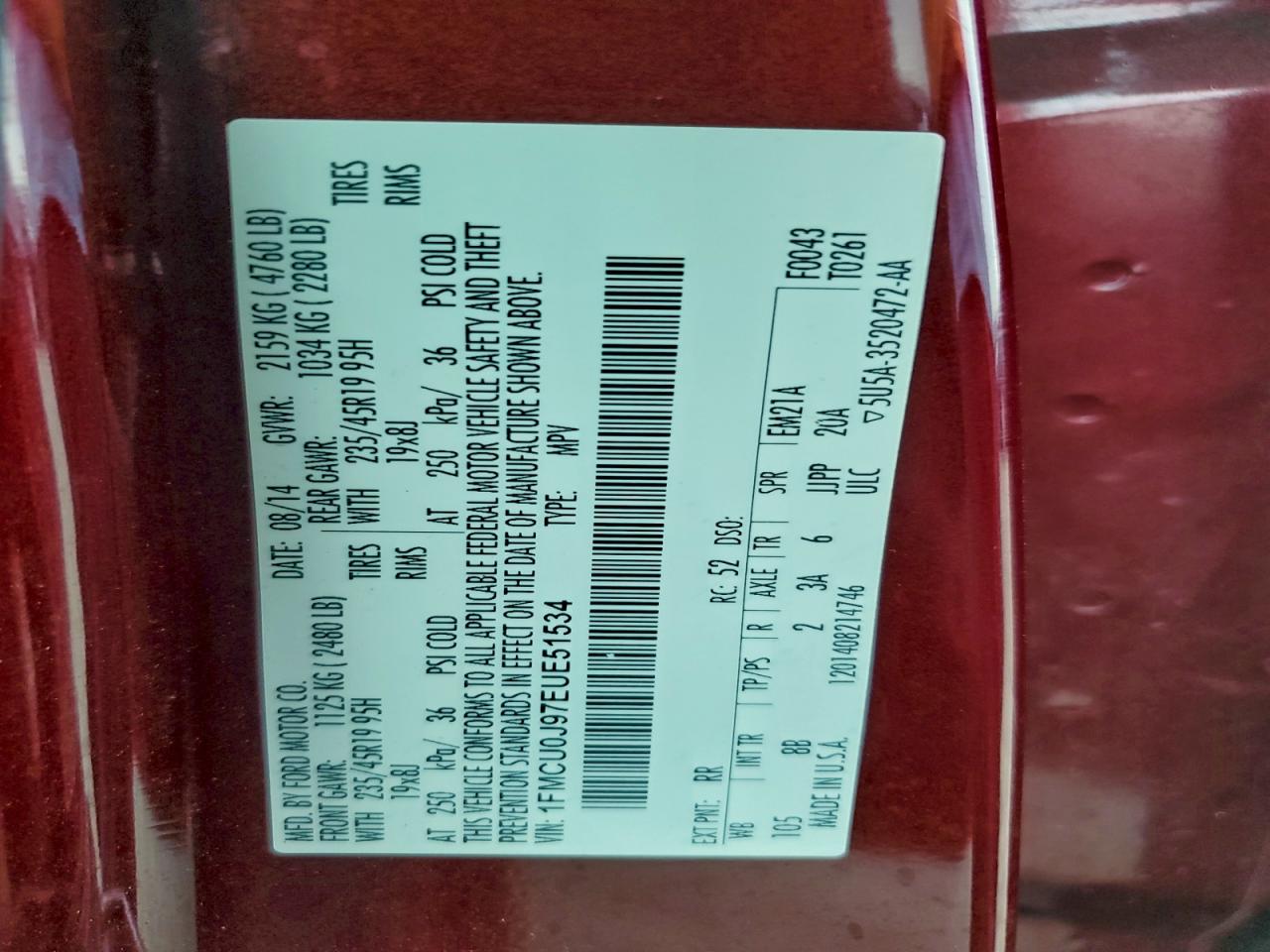 2014 Ford Escape Titanium VIN: 1FMCU0J97EUE51534 Lot: 94222165