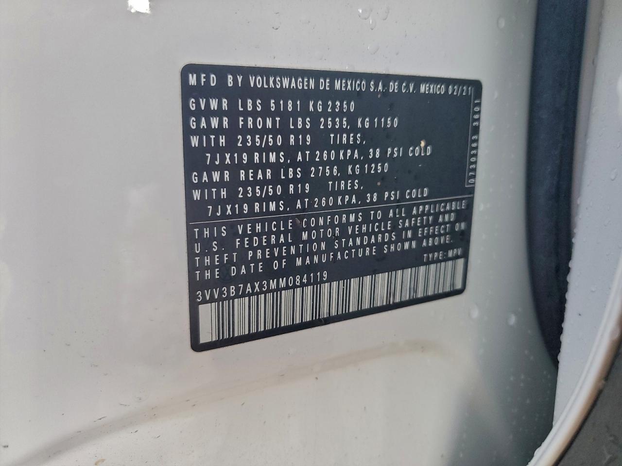 2021 Volkswagen Tiguan Se VIN: 3VV3B7AX3MM084119 Lot: 94287395