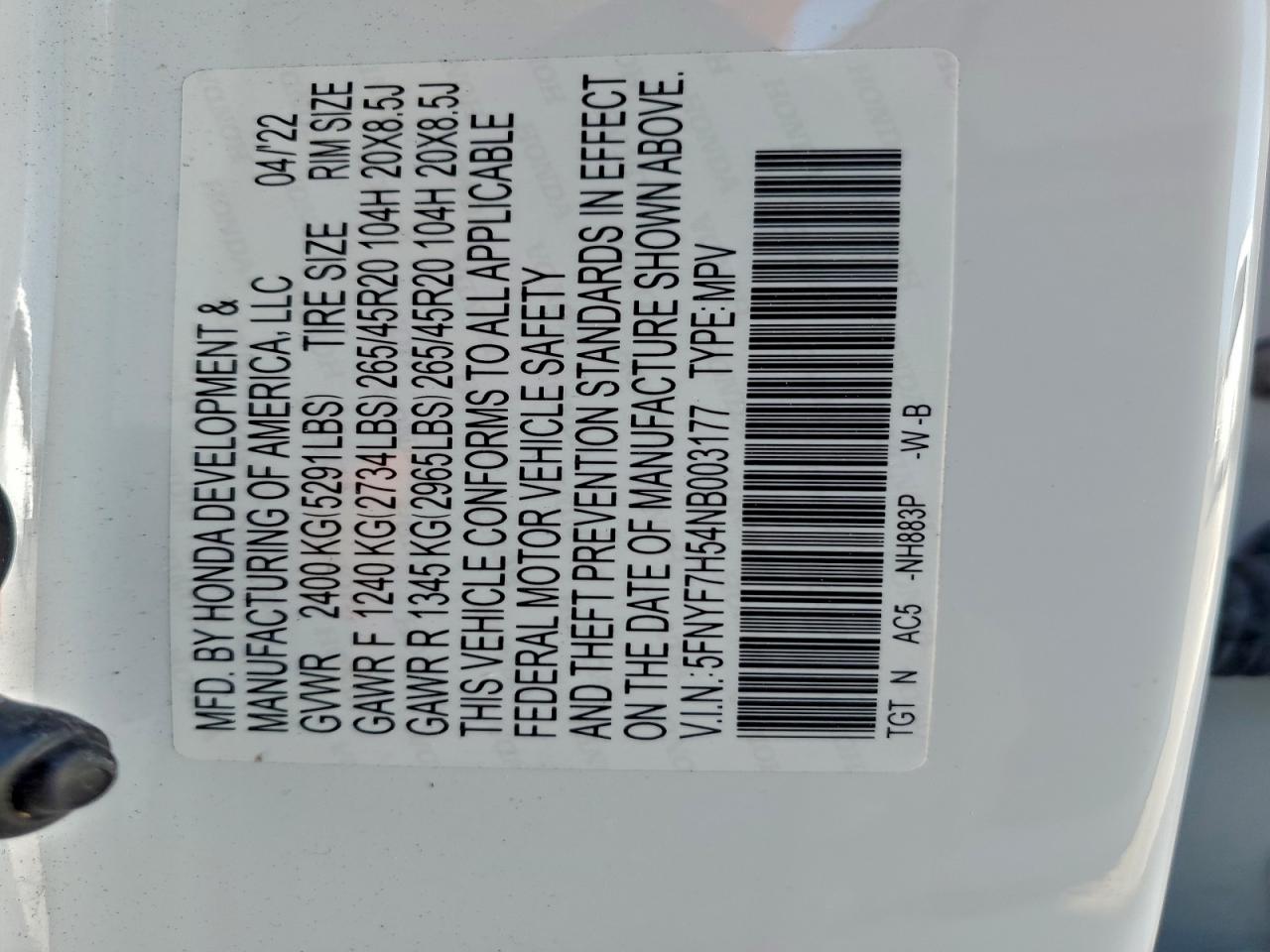 2022 Honda Passport Exl VIN: 5FNYF7H54NB003177 Lot: 94058745