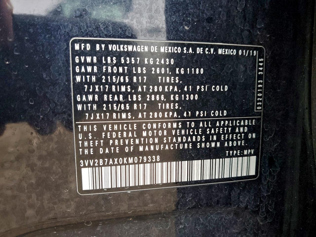 2019 Volkswagen Tiguan Se VIN: 3VV2B7AX0KM079338 Lot: 92325525