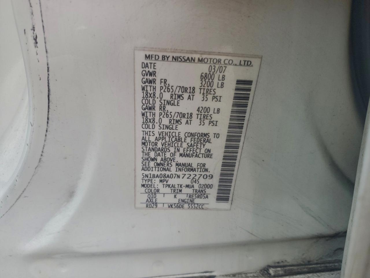 2007 Nissan Armada Se VIN: 5N1BA08A07N722709 Lot: 93959395