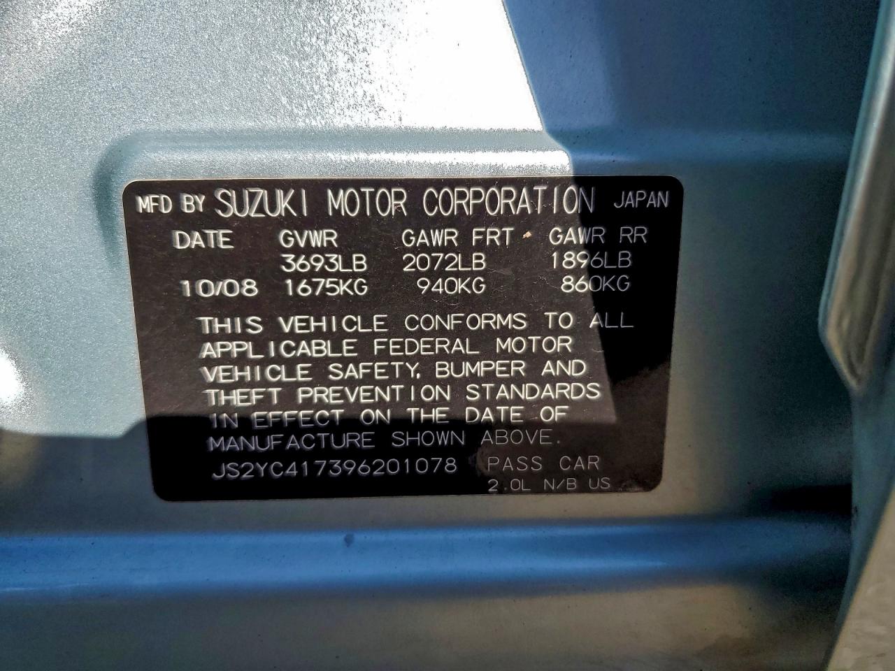 2009 Suzuki Sx4 Touring VIN: JS2YC417396201078 Lot: 94219365