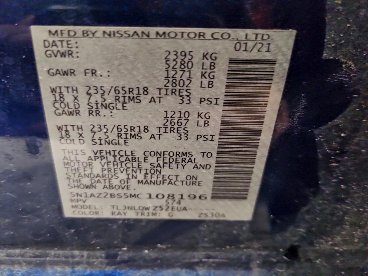 2021 Nissan Murano Sv VIN: 5N1AZ2BS5MC108196 Lot: 93650705