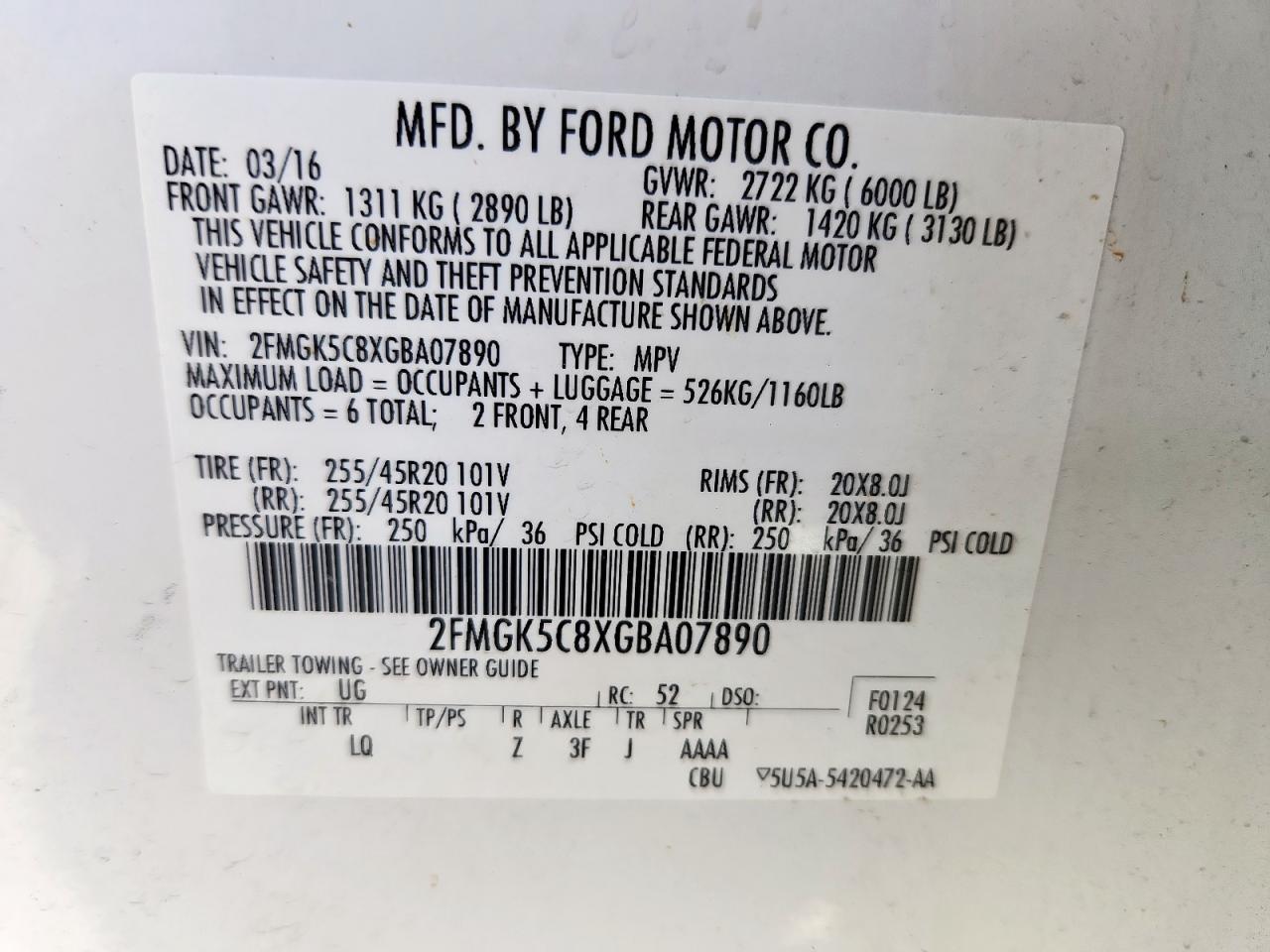 2016 Ford Flex Sel VIN: 2FMGK5C8XGBA07890 Lot: 91495205