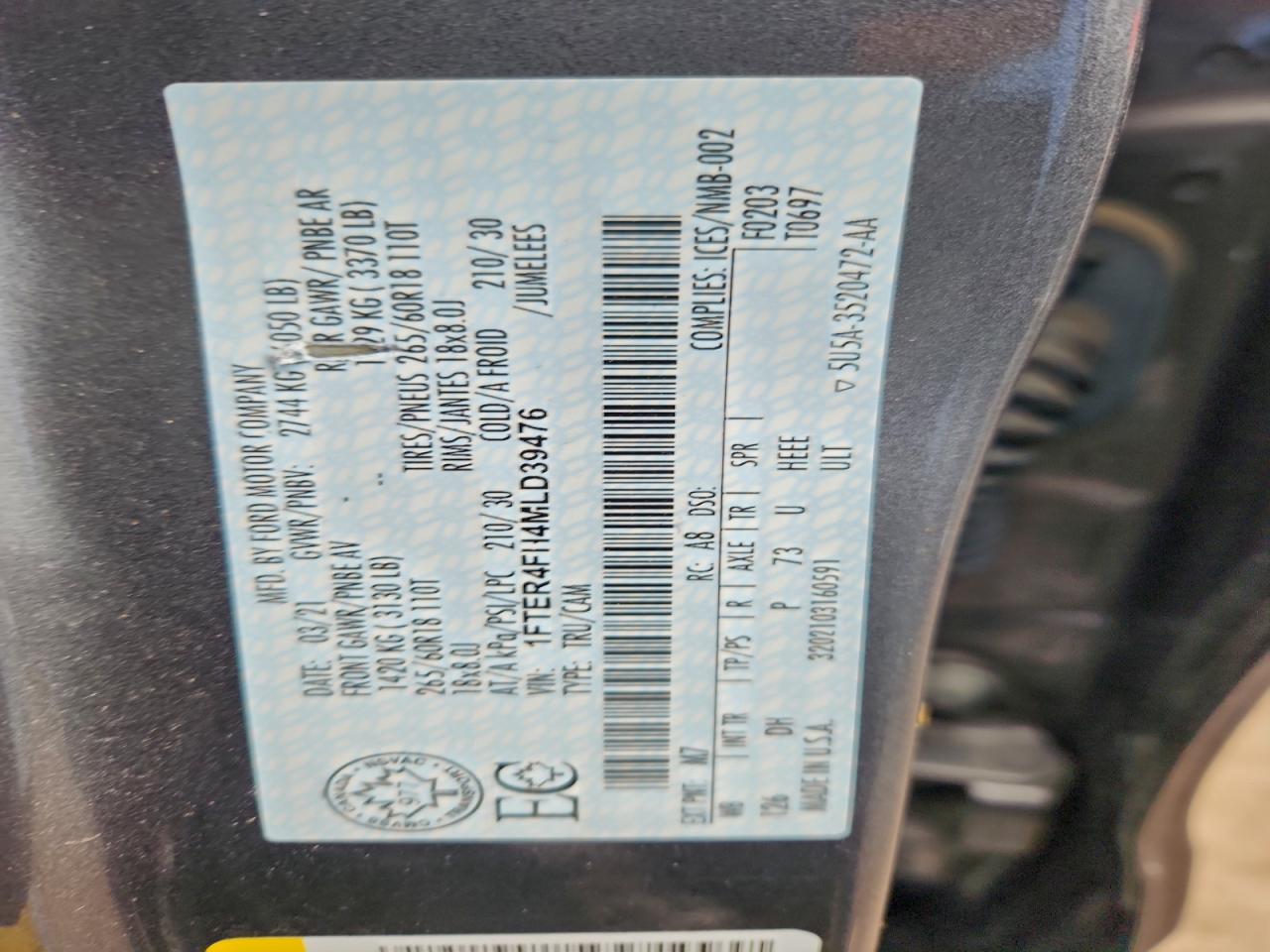 2021 Ford Ranger Xl VIN: 1FTER4FH4MLD39476 Lot: 94133895