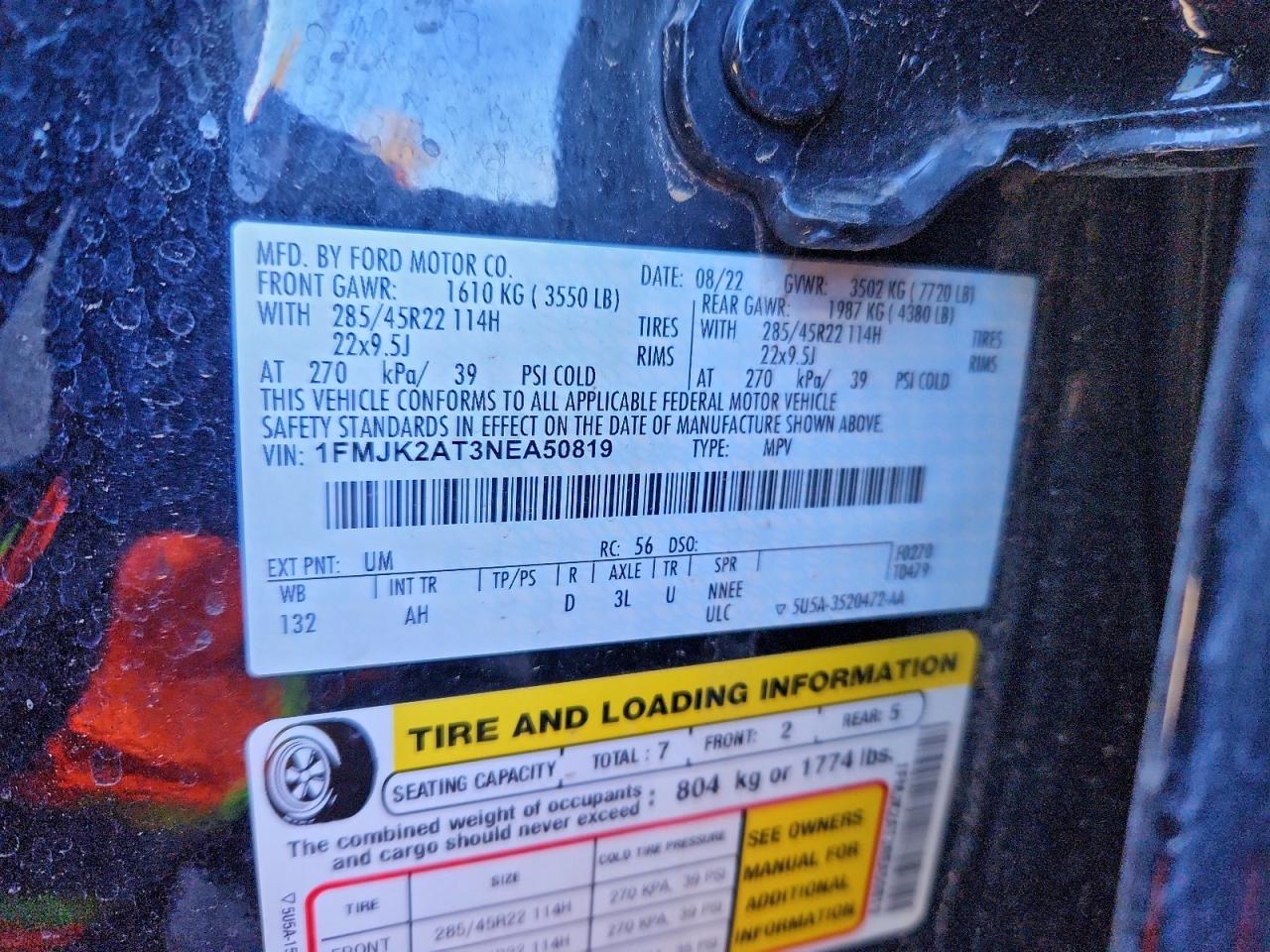 2022 Ford Expedition Max Limited VIN: 1FMJK2AT3NEA50819 Lot: 93365615