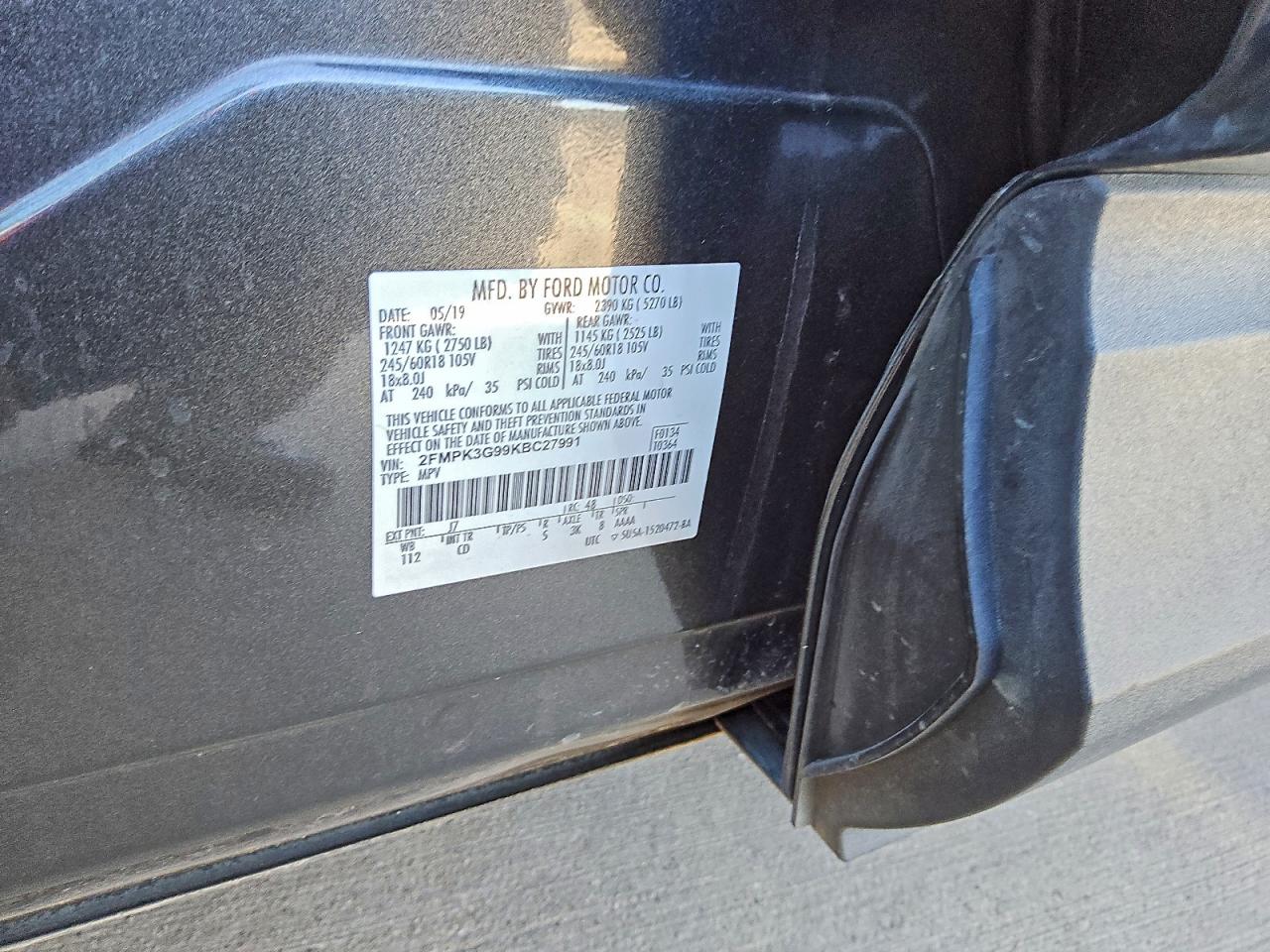 2019 Ford Edge Se VIN: 2FMPK3G99KBC27991 Lot: 91921165