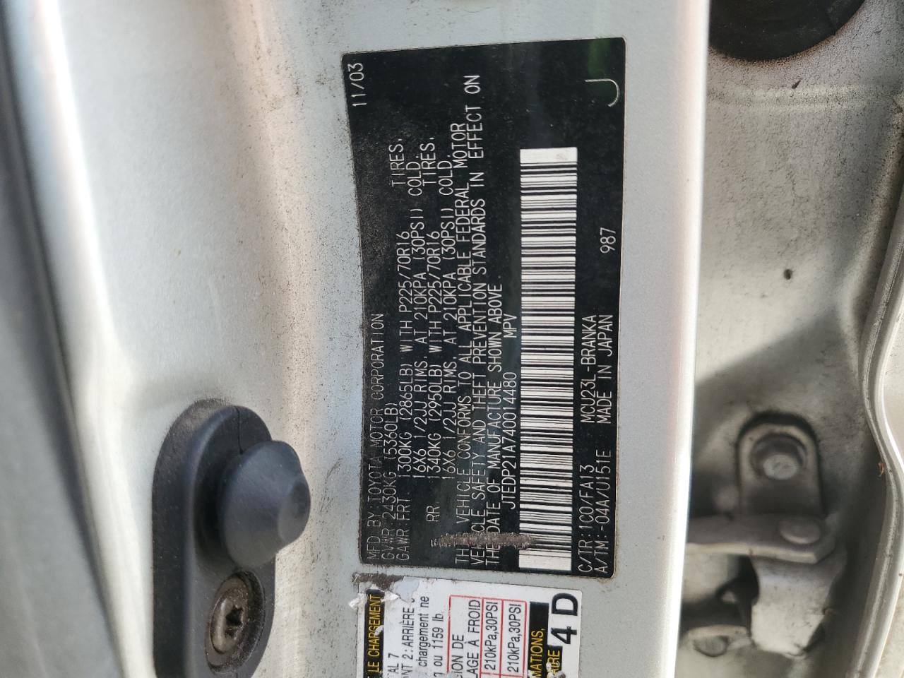 2004 Toyota Highlander Base VIN: JTEDP21A740014480 Lot: 93298595