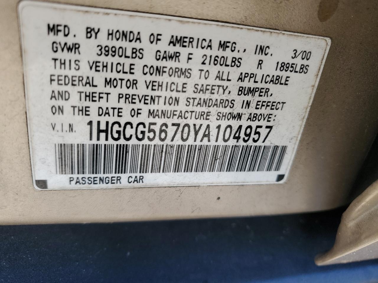2000 Honda Accord Se VIN: 1HGCG5670YA104957 Lot: 91278605