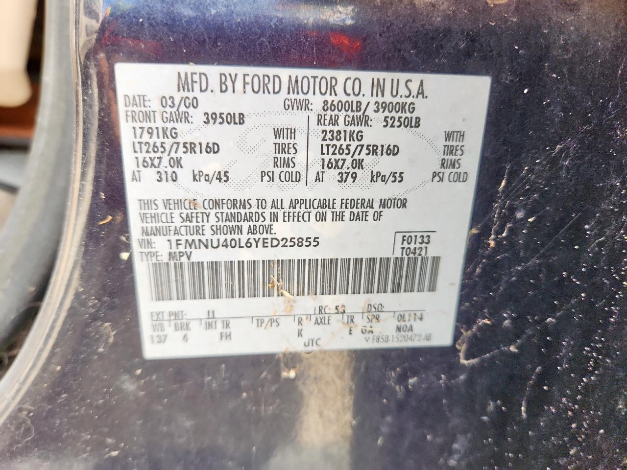 2000 Ford Excursion Xlt VIN: 1FMNU40L6YED25855 Lot: 91681905