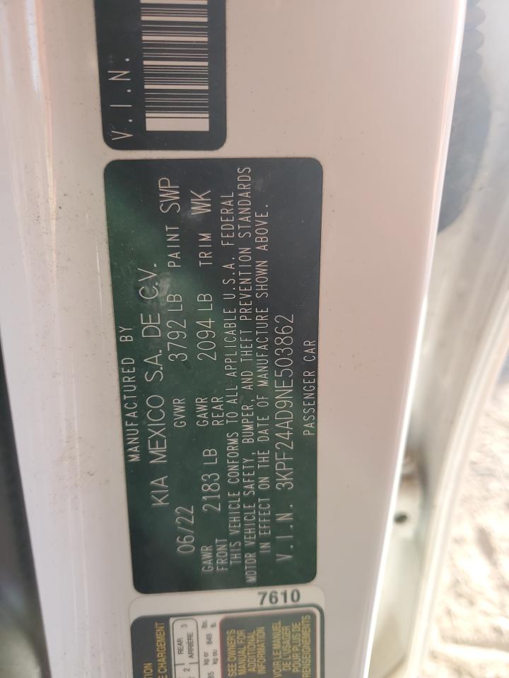 2022 Kia Forte Fe VIN: 3KPF24AD9NE503862 Lot: 92850595