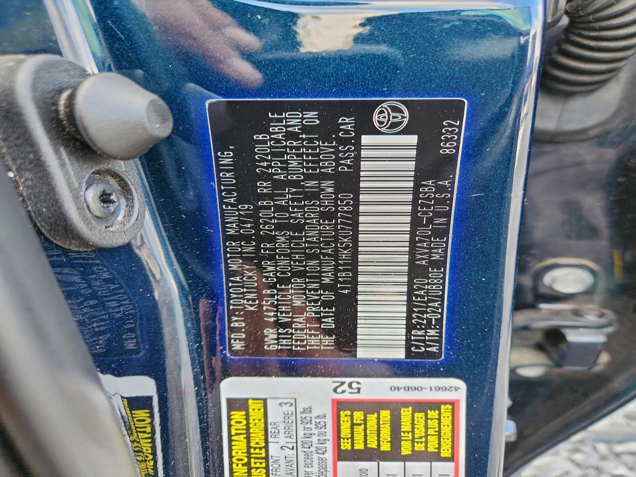 2019 Toyota Camry L VIN: 4T1B11HK5KU777850 Lot: 94053255