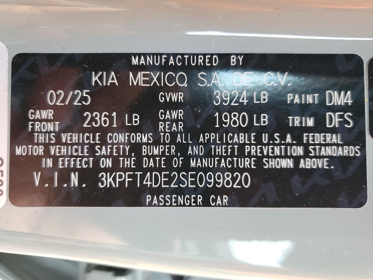 2025 Kia K4 Lx VIN: 3KPFT4DE2SE099820 Lot: 93275015