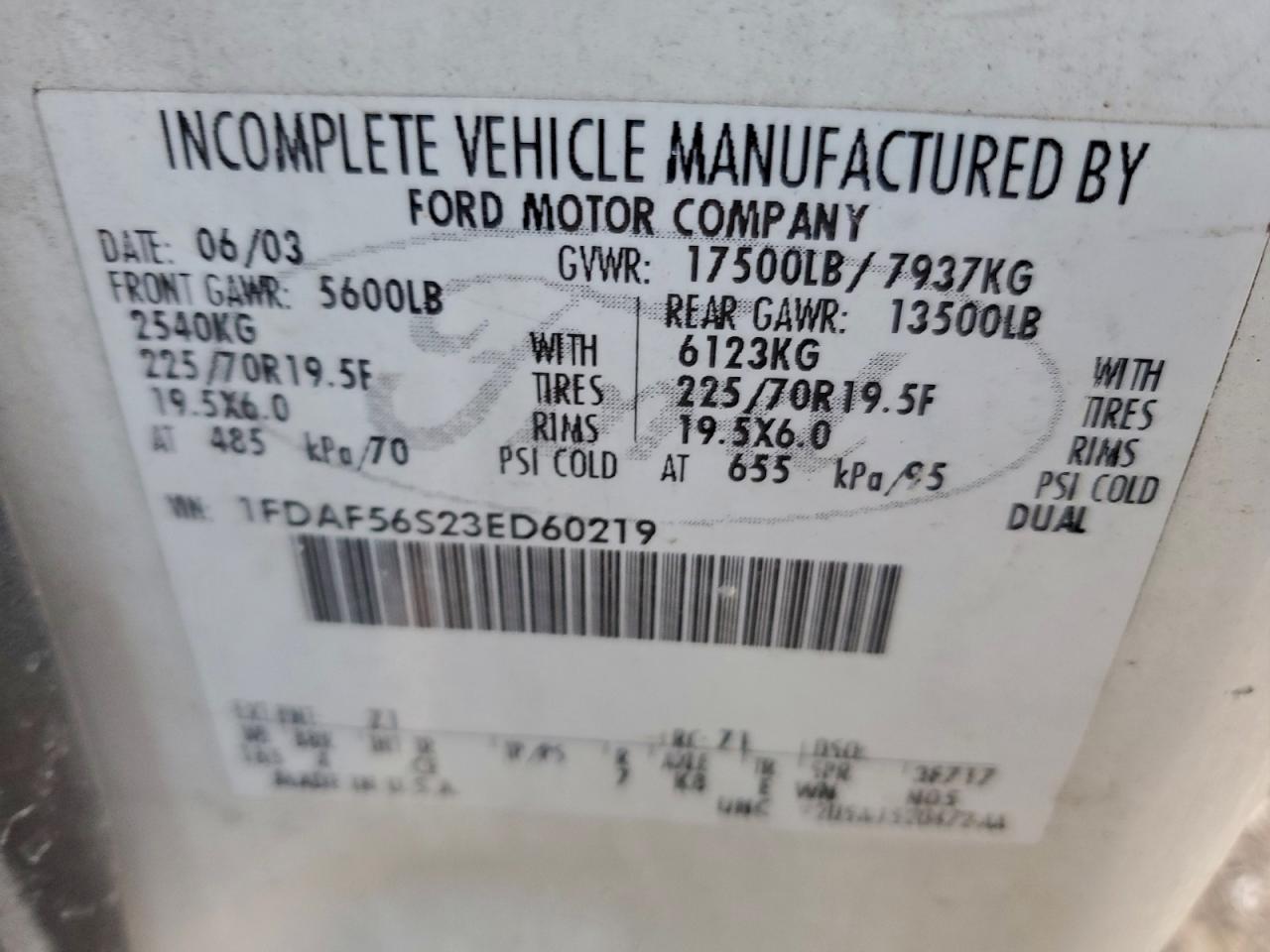 2003 Ford F550 Super Duty VIN: 1FDAF56S23ED60219 Lot: 94078585