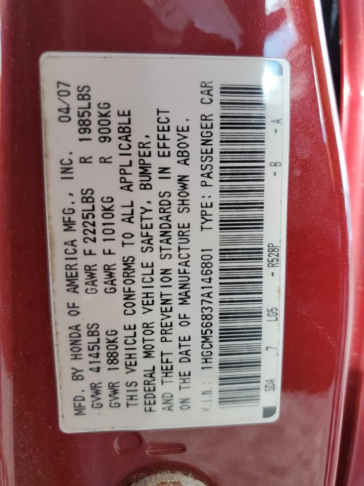 2007 Honda Accord Ex VIN: 1HGCM56837A146801 Lot: 91139575