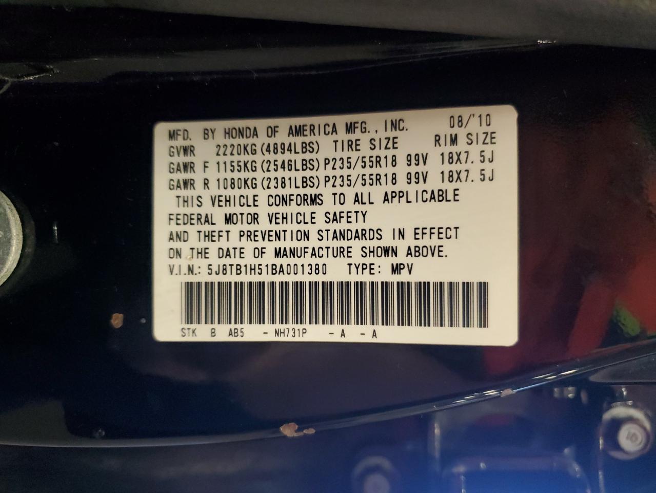 2011 Acura Rdx Technology VIN: 5J8TB1H51BA001380 Lot: 92468175