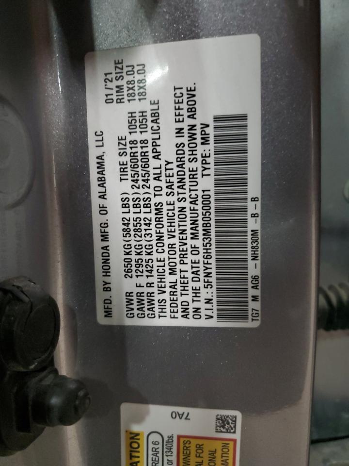 2021 Honda Pilot Exl VIN: 5FNYF6H53MB050001 Lot: 86315965