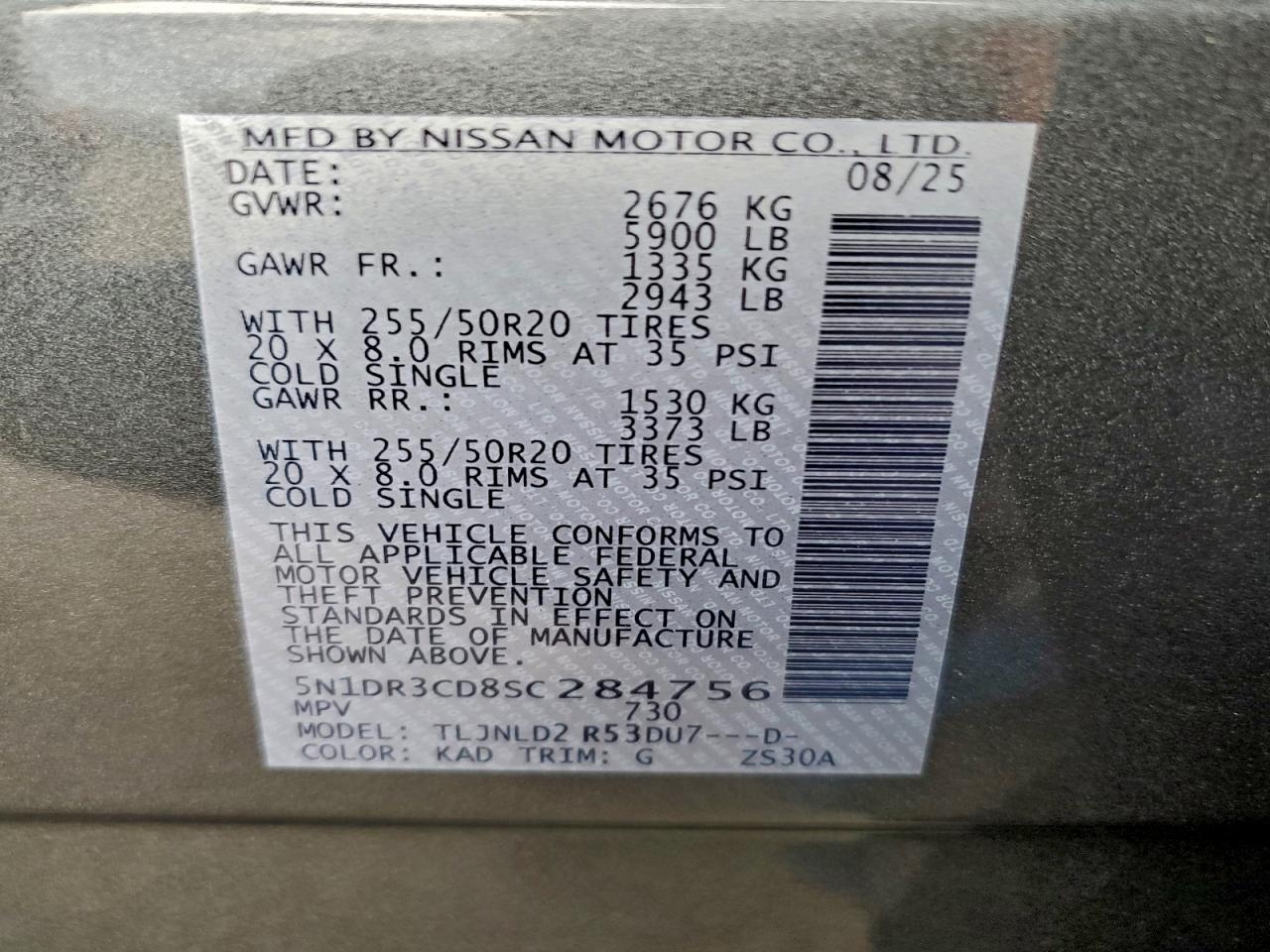 2025 Nissan Pathfinder Sl VIN: 5N1DR3CD8SC284756 Lot: 94113015