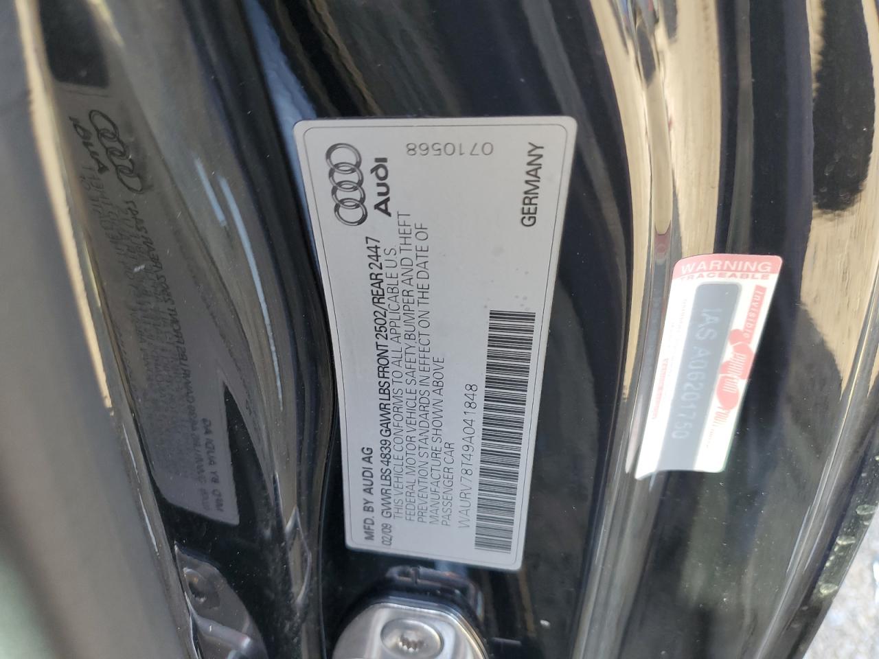 2009 Audi S5 Quattro VIN: WAURV78T49A041848 Lot: 93602775